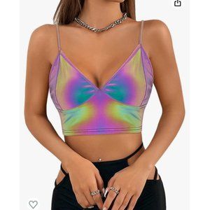 Vimoisa Women Reflective Metallic Tank Top Bustier Spaghetti Strap Crop Top Tigh